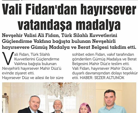 Vali Fidan'dan Hayırsever Vatandaşa Madalya 